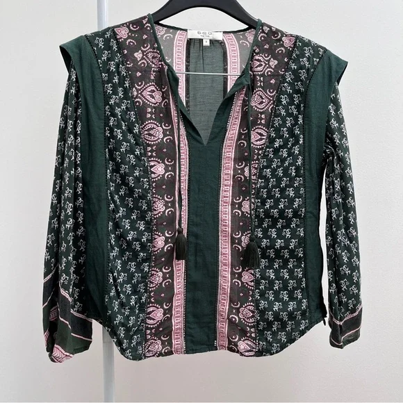 Sea New York NY blouse green pattern cotton top tassels boho bohemian India 2 XS - Picture 2 of 10